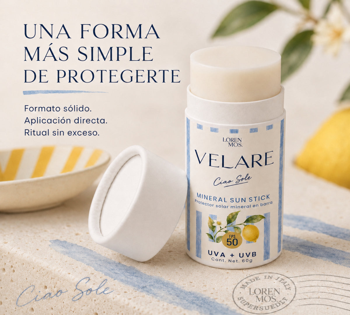 **VELARE Ciao Sole Mineral Sun Stick FPS 50 | Protección solar en barra para rostro y cuerpo, 60 g