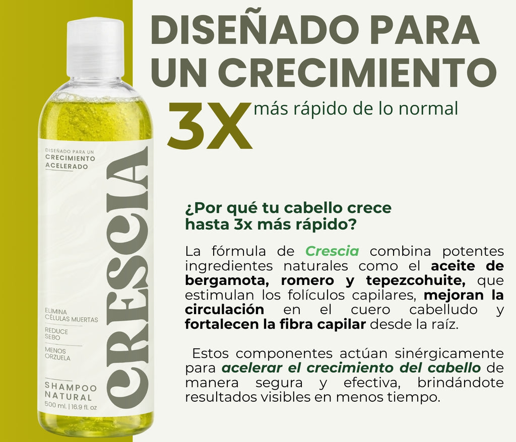 Shampoo Crescia 500ml. | Crecimiento Acelerado del Cabello, Anticaída Potente, Regeneración Capilar, Cabello Más Largo, Fuerte y Abundante desde la Raíz