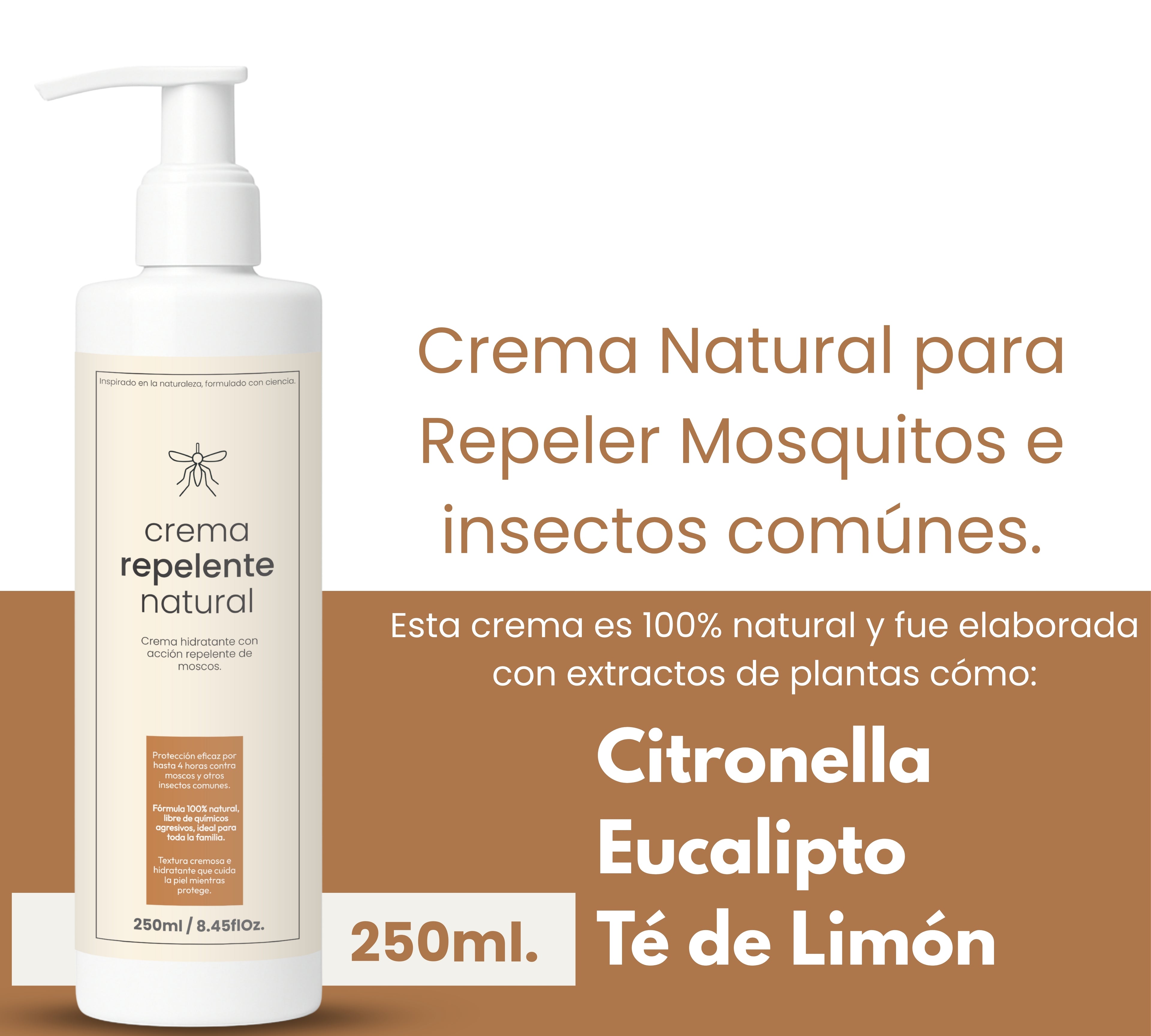 Crema Repelente Natural 250 ml – Protección Intensiva contra Moscos y Zancudos hasta 6h – Fórmula con Citronela y Eucalipto – Hidratante, Vegana, Biodegradable y Apta para Toda la Familia