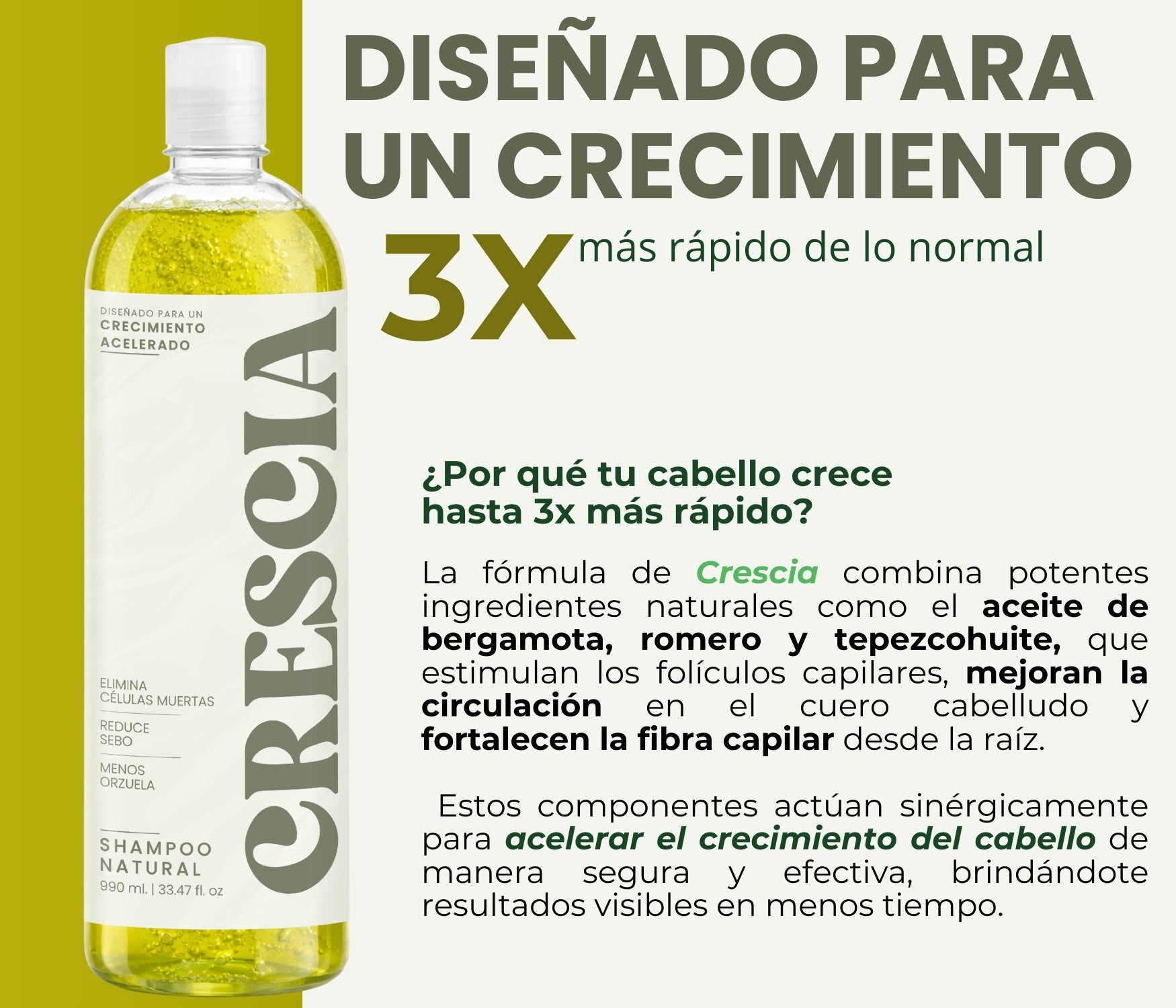 Shampoo Crescia 990ml. | Crecimiento Acelerado del Cabello, Anticaída Potente, Regeneración Capilar, Cabello Más Largo, Fuerte y Abundante desde la Raíz