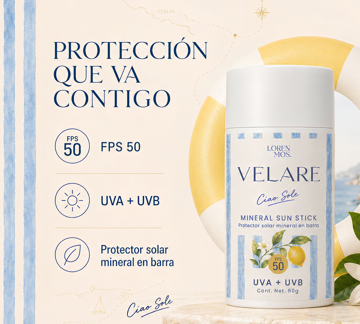 **VELARE Ciao Sole Mineral Sun Stick FPS 50 | Protección solar en barra para rostro y cuerpo, 60 g