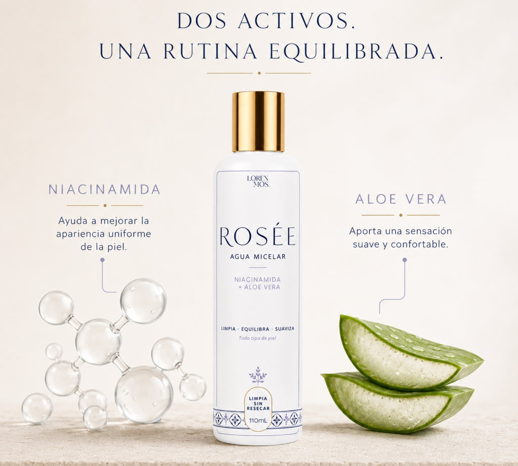 ROSÉE Agua Micelar con Niacinamida y Aloe Vera 110 mL, Limpieza Facial Suave sin Enjuague, Retira Impurezas y Exceso de Sebo sin Resecar, Todo Tipo de Piel – Loren Mos.