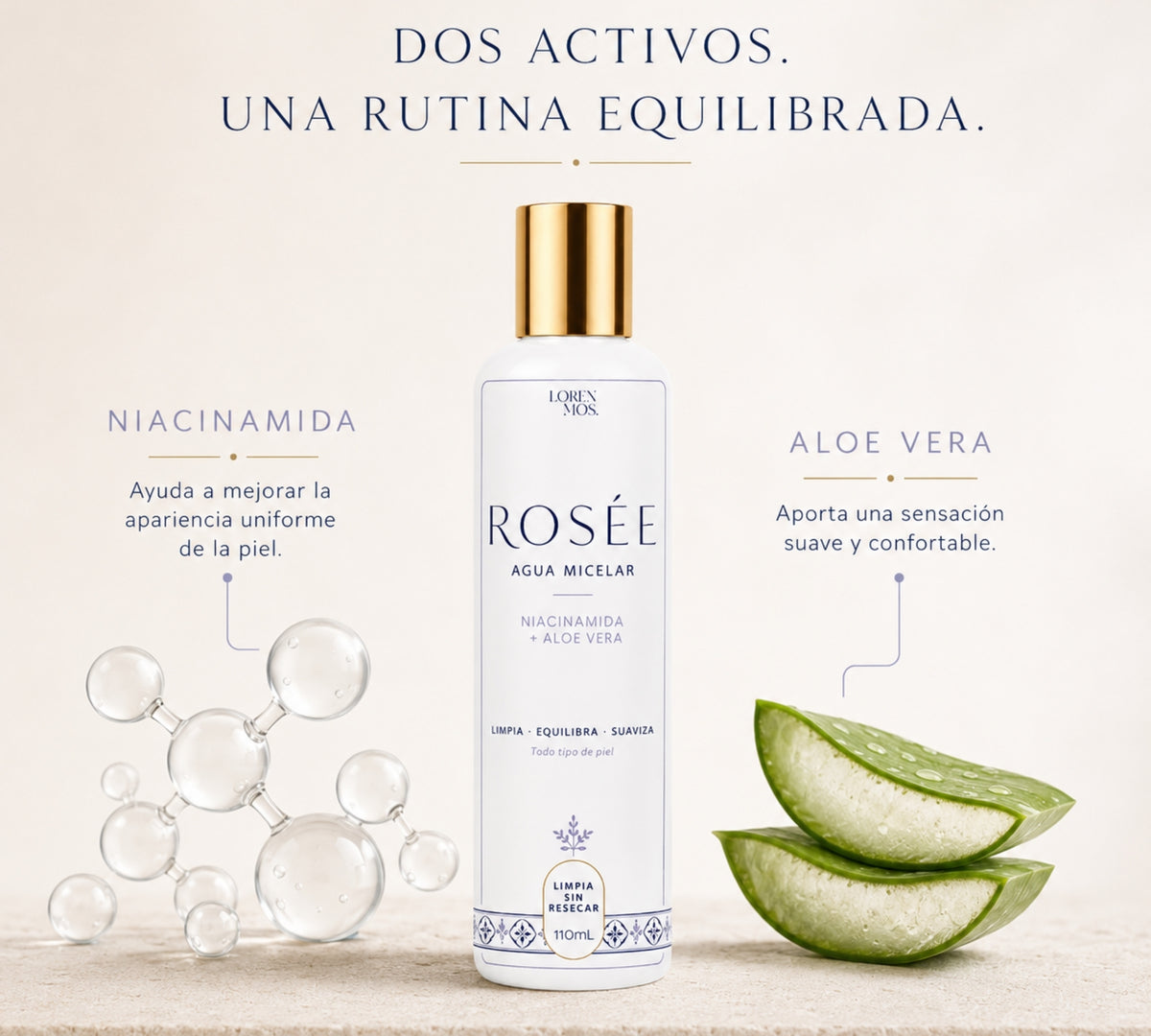 ROSÉE Agua Micelar con Niacinamida y Aloe Vera 110 mL, Limpieza Facial Suave sin Enjuague, Retira Impurezas y Exceso de Sebo sin Resecar, Todo Tipo de Piel – Loren Mos.