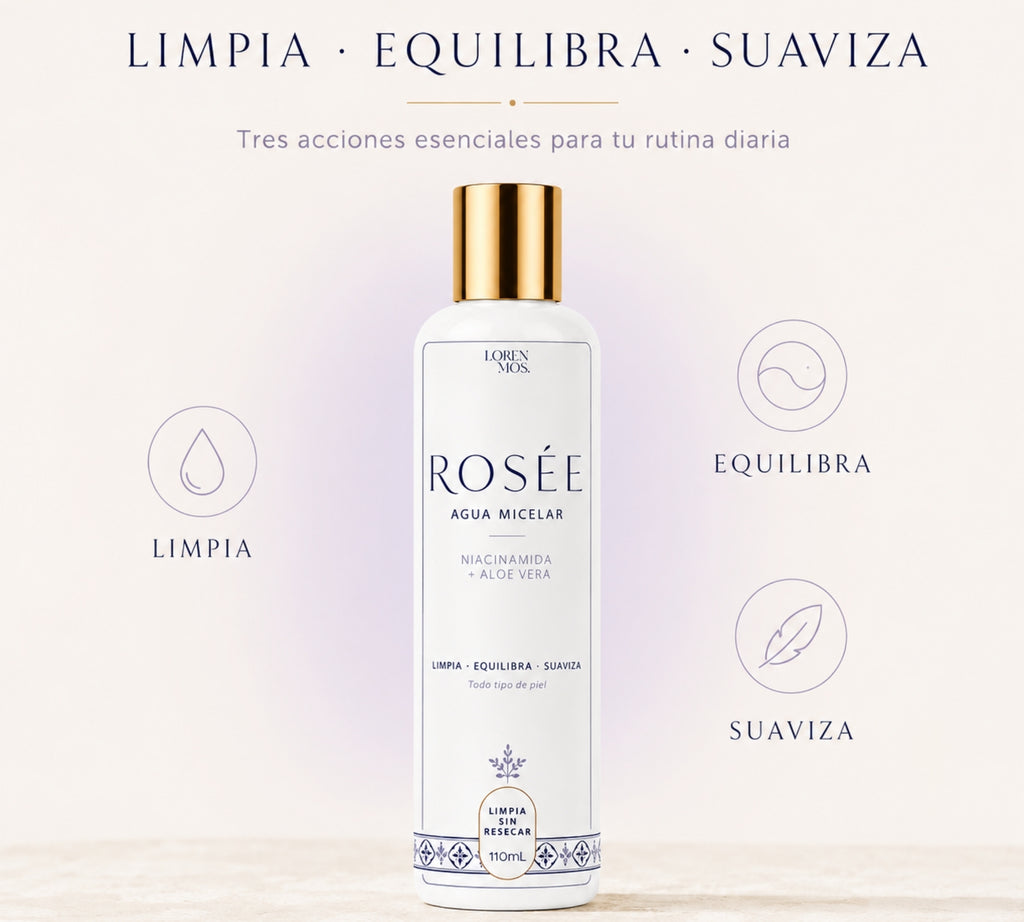 ROSÉE Agua Micelar con Niacinamida y Aloe Vera 110 mL, Limpieza Facial Suave sin Enjuague, Retira Impurezas y Exceso de Sebo sin Resecar, Todo Tipo de Piel – Loren Mos.