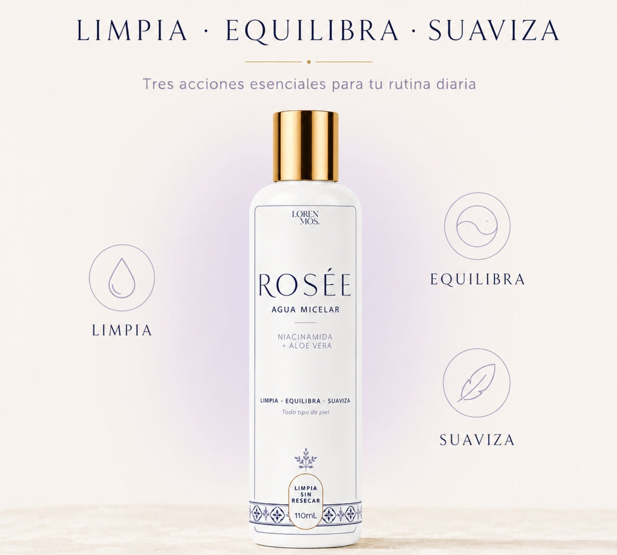 ROSÉE Agua Micelar con Niacinamida y Aloe Vera 110 mL, Limpieza Facial Suave sin Enjuague, Retira Impurezas y Exceso de Sebo sin Resecar, Todo Tipo de Piel – Loren Mos.