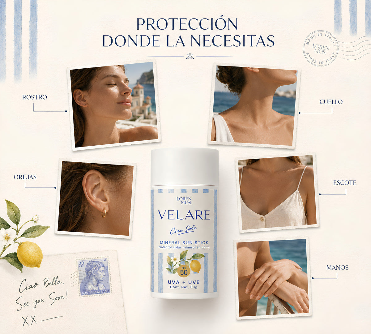 **VELARE Ciao Sole Mineral Sun Stick FPS 50 | Protección solar en barra para rostro y cuerpo, 60 g