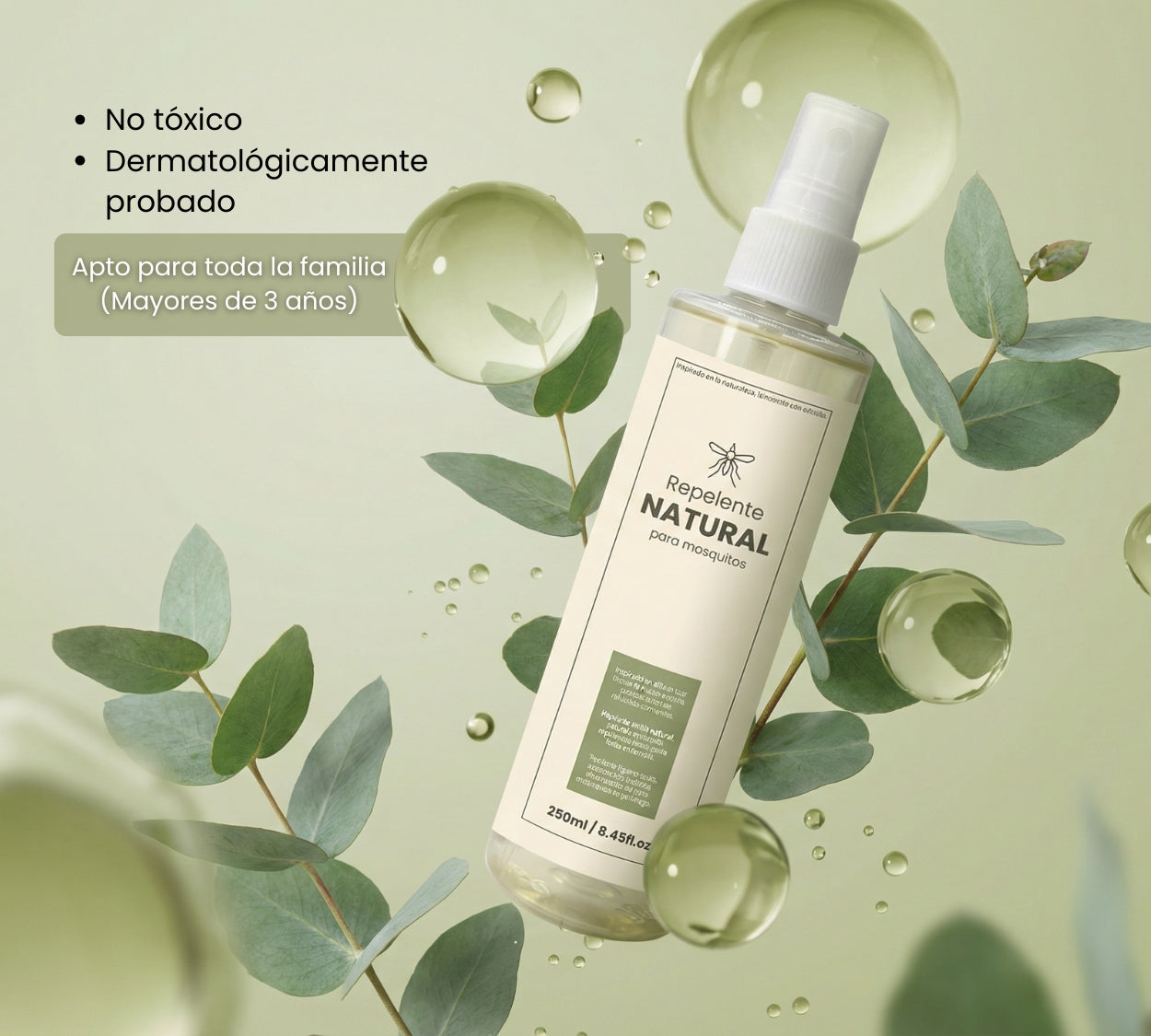 Repelente Natural 250 ml – Protección contra Mosquitos y Zancudos – Fórmula con Citronela y Eucalipto – Textura Ligera, Vegano, Biodegradable y Apto para Toda la Familia