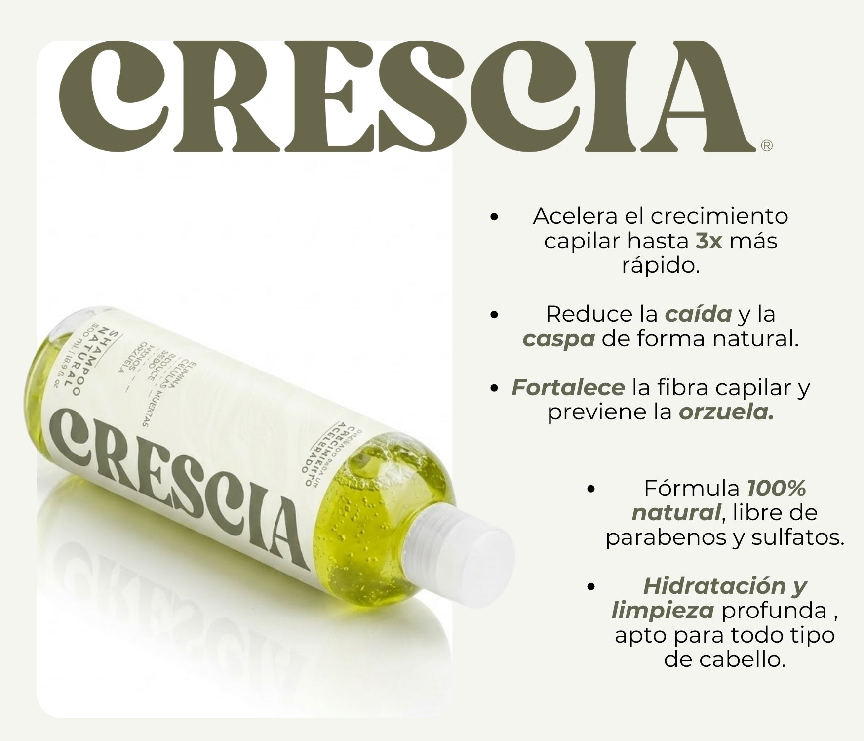 Shampoo Crescia 500ml. | Crecimiento Acelerado del Cabello, Anticaída Potente, Regeneración Capilar, Cabello Más Largo, Fuerte y Abundante desde la Raíz