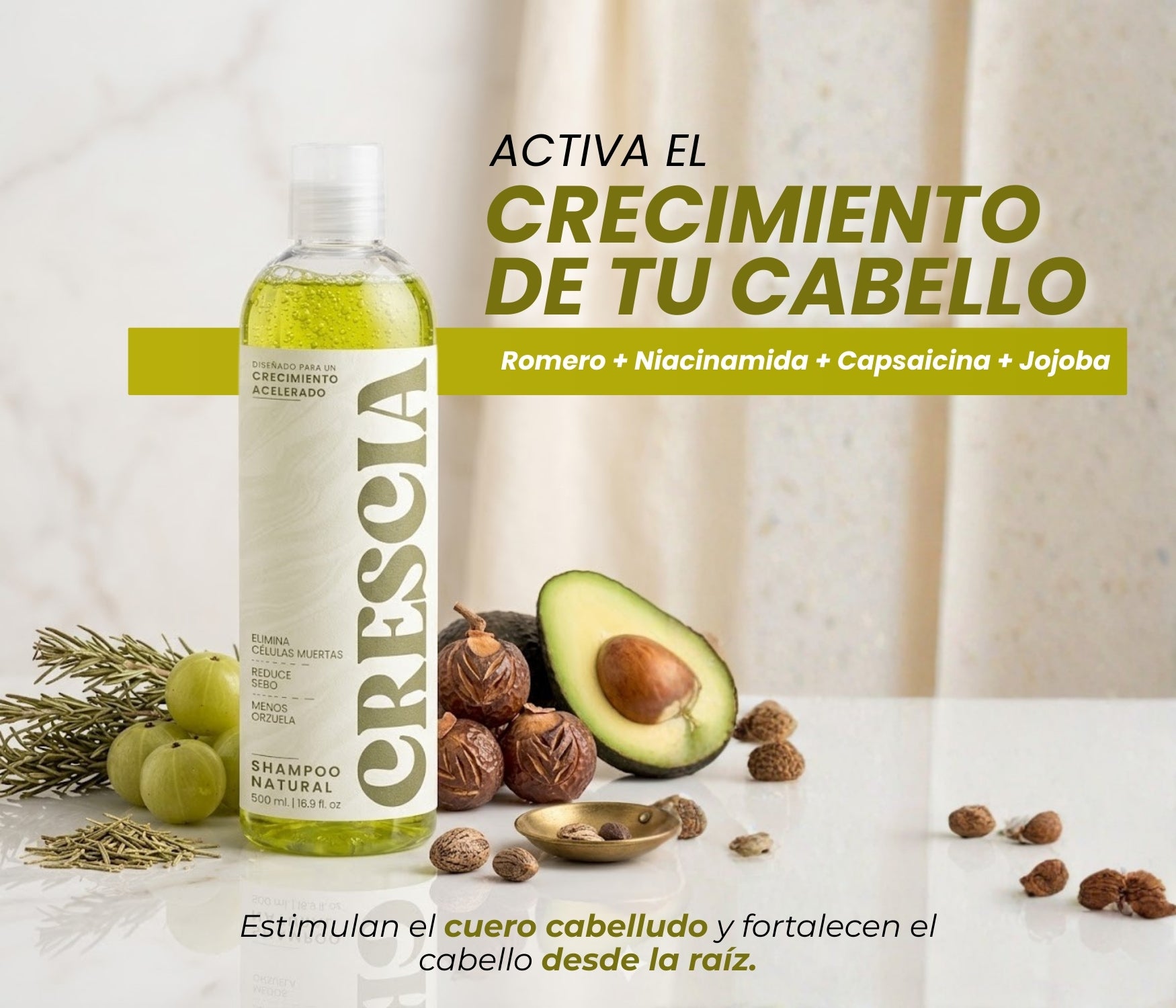 Shampoo Crescia 500ml. | Crecimiento Acelerado del Cabello, Anticaída Potente, Regeneración Capilar, Cabello Más Largo, Fuerte y Abundante desde la Raíz