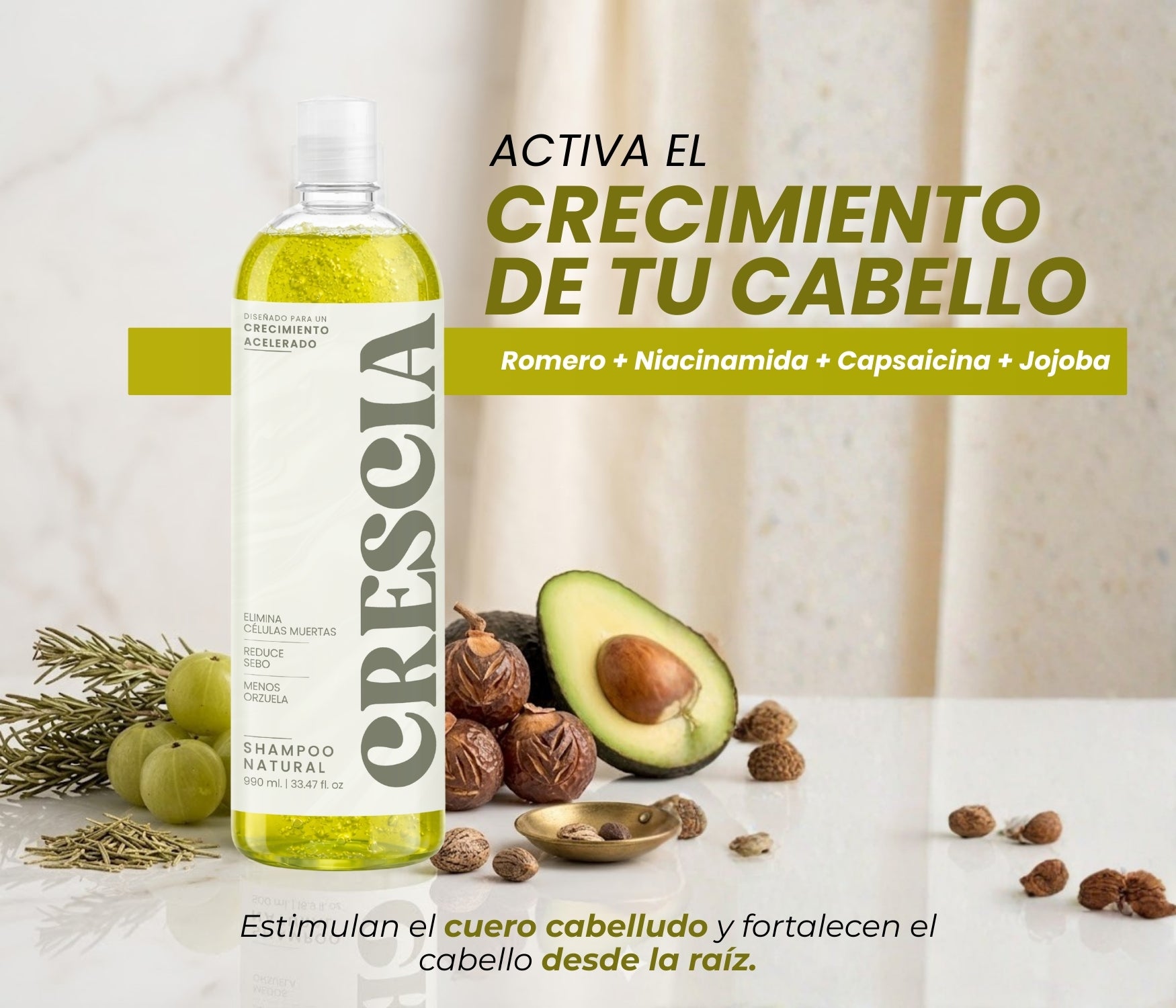 Shampoo Crescia 990ml. | Crecimiento Acelerado del Cabello, Anticaída Potente, Regeneración Capilar, Cabello Más Largo, Fuerte y Abundante desde la Raíz