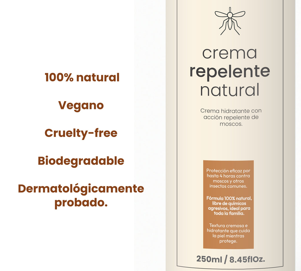 Crema Repelente Natural 250 ml – Protección Intensiva contra Moscos y Zancudos hasta 6h – Fórmula con Citronela y Eucalipto – Hidratante, Vegana, Biodegradable y Apta para Toda la Familia