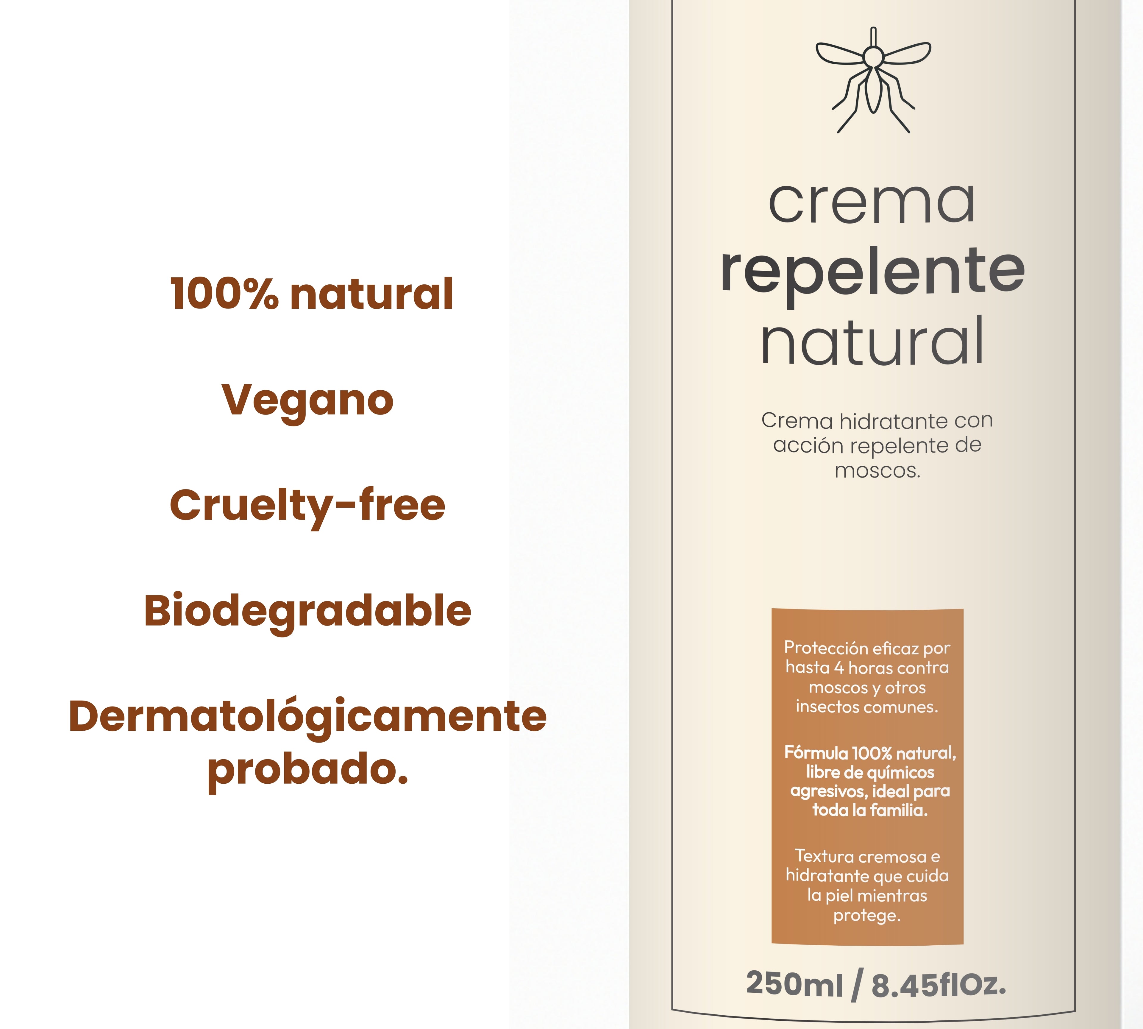 Crema Repelente Natural 250 ml – Protección Intensiva contra Moscos y Zancudos hasta 6h – Fórmula con Citronela y Eucalipto – Hidratante, Vegana, Biodegradable y Apta para Toda la Familia
