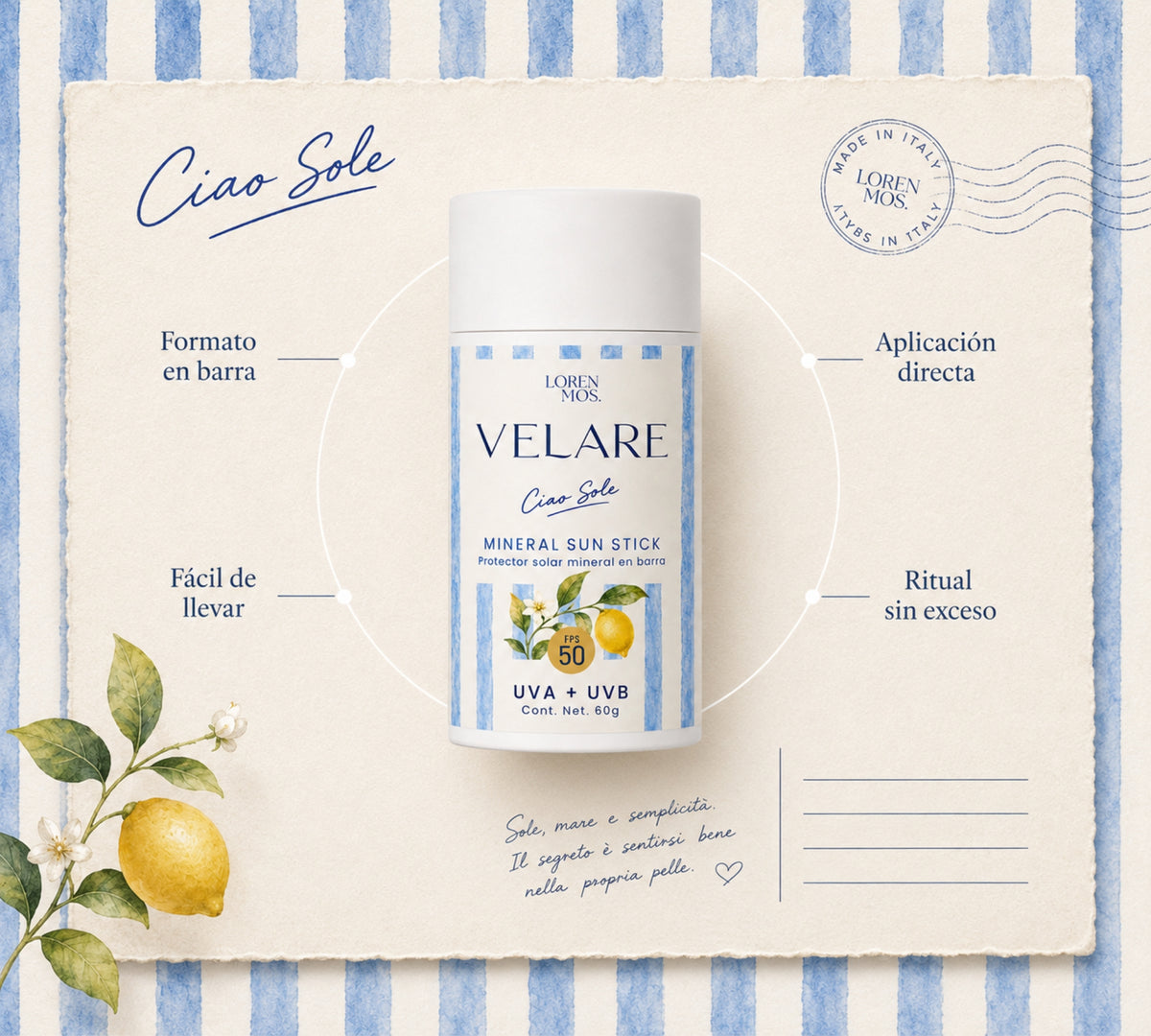 **VELARE Ciao Sole Mineral Sun Stick FPS 50 | Protección solar en barra para rostro y cuerpo, 60 g